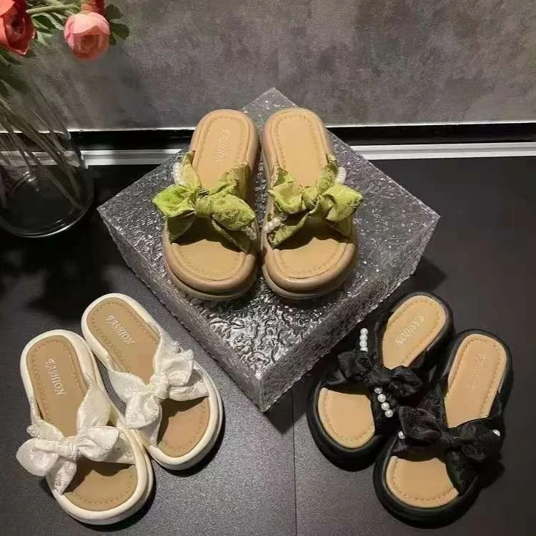 厚底沙滩鞋2025年新款国风蝴蝶结防滑圆头夏季露趾纯色百搭凉拖鞋