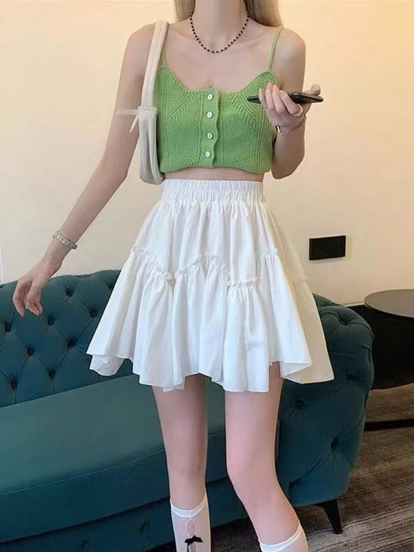 【晨浠定制】新款时尚感气质高腰a字不规则拼接木耳边短裙236