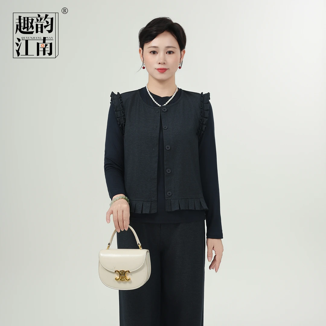 趣韵江南妈妈装秋装时尚气质套装中老年女休闲马甲背心三件套