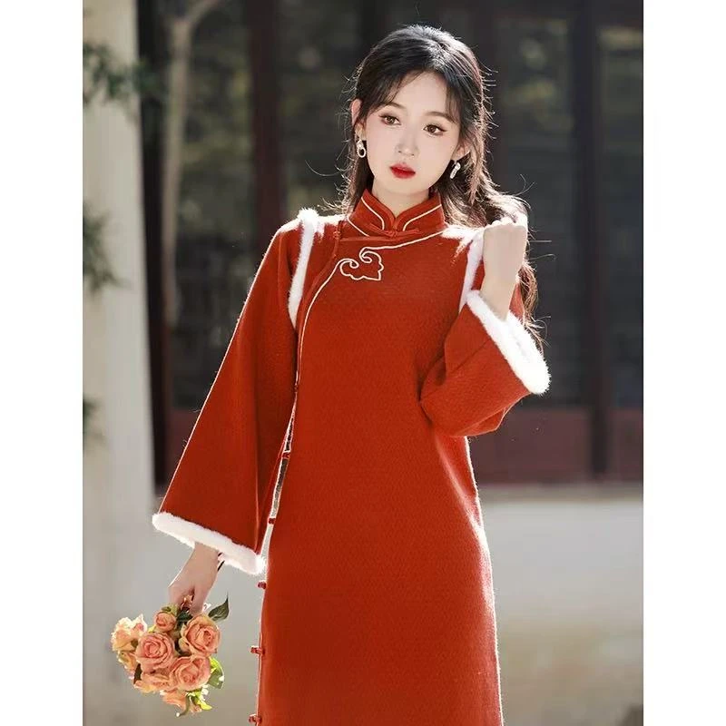 1650 红色 全开襟 倒大袖 【红妮】 旗袍【偏大】