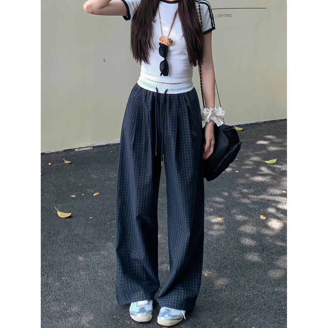 【运费险】甜美格子宽松阔腿裤休闲裤女夏季松紧腰直筒遛弯裤长