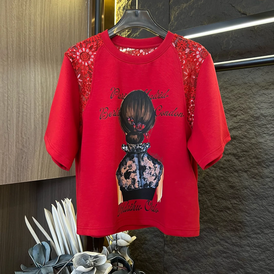 （果果专属）圆领短款女士短袖拼接宽松蕾丝喜红色上衣A444