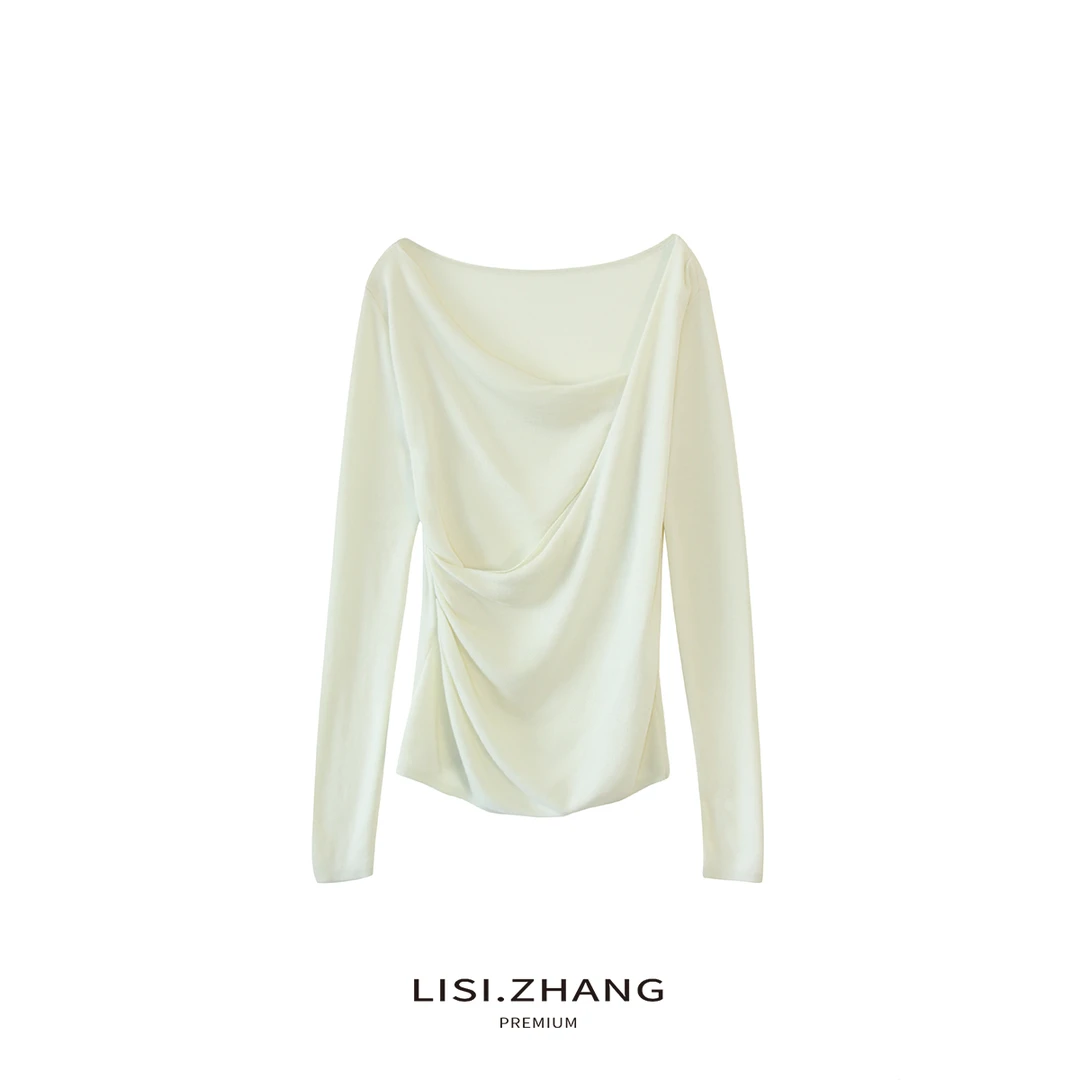 LISI.ZHANG--【天丝抽皱针织衫】纯色一字领修身显瘦套头针织上衣