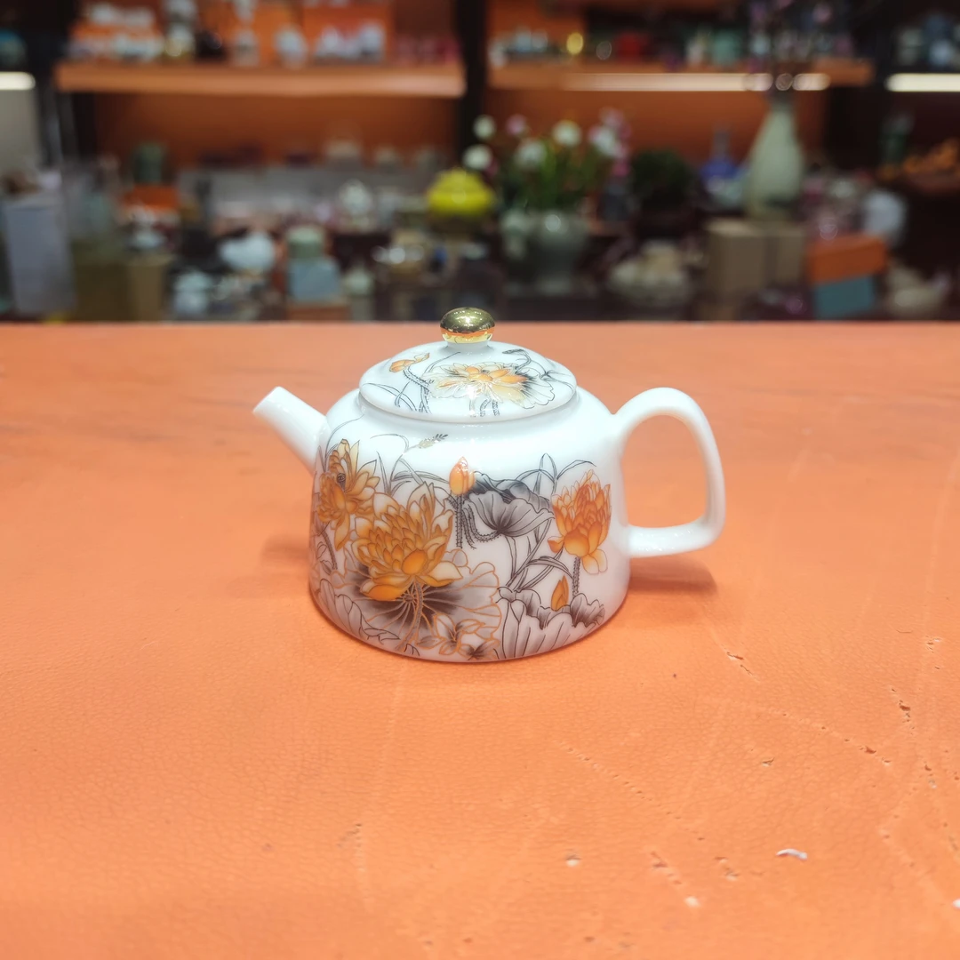 友名陶瓷 白瓷望川水墨金莲德钟壶-2338