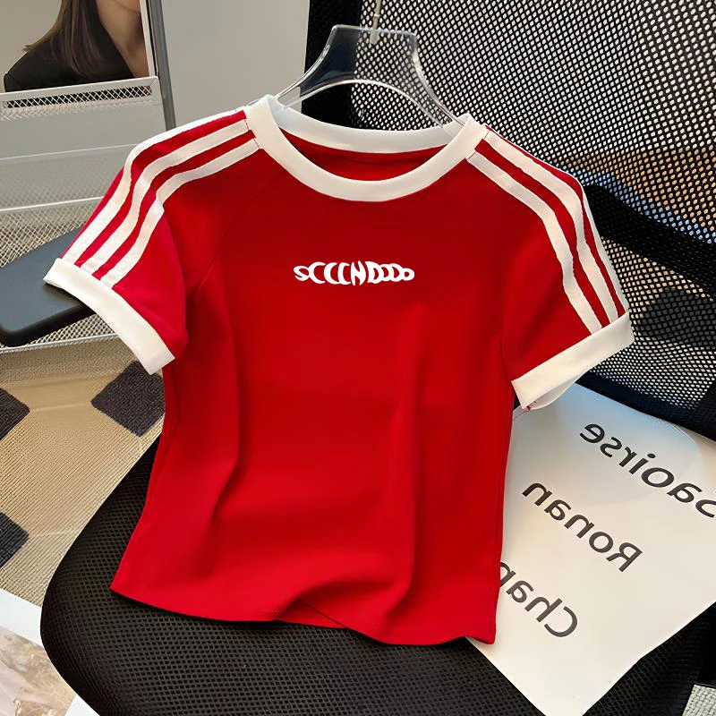 夏季新款百搭甜美风休闲显瘦短款衣服辣妹感拼接潮流搭配