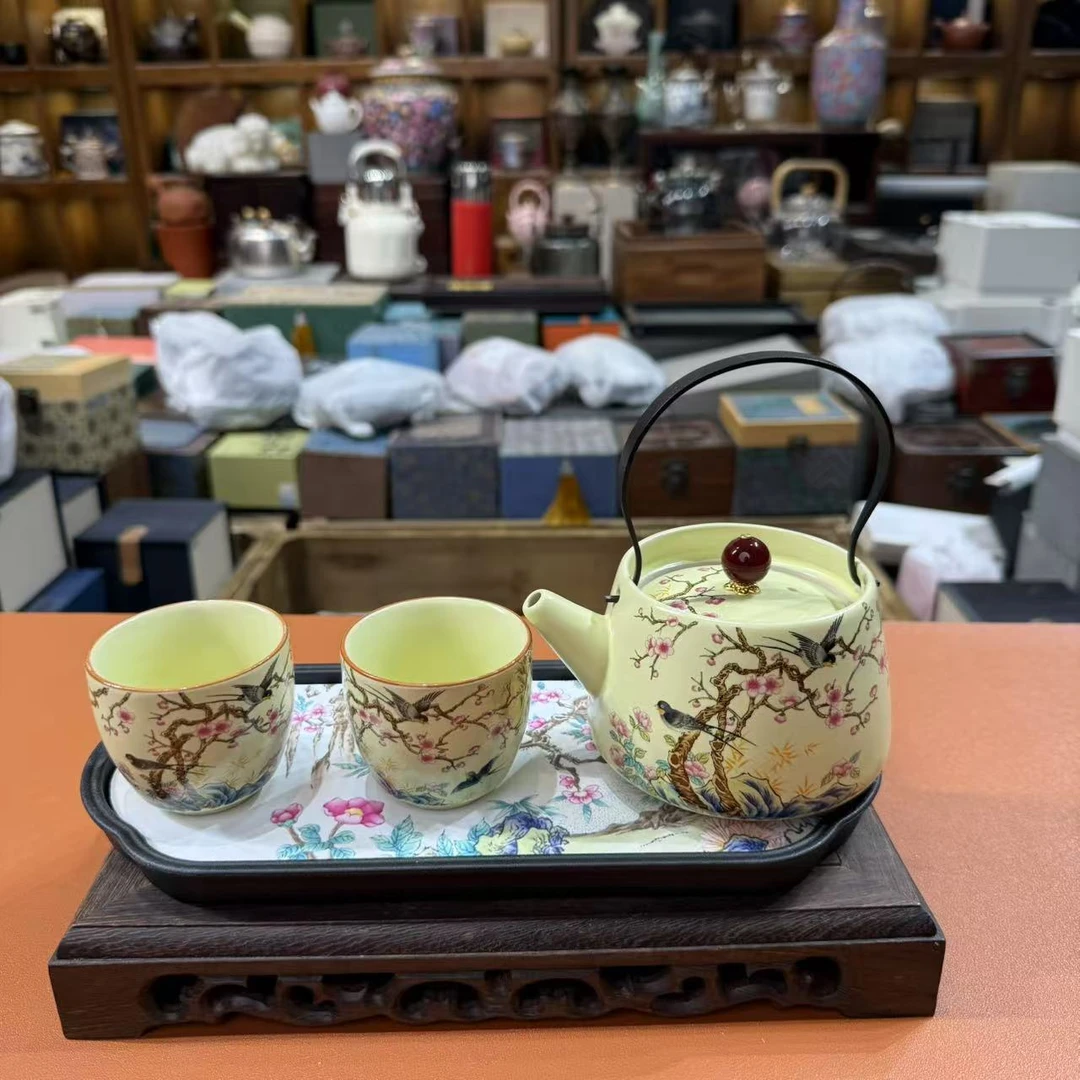 喜鹊登枝提梁壶带两杯加茶盘 MC047