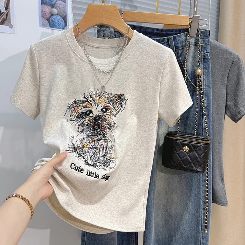 短袖刺绣圆领夏季韩版小狗T恤休闲百搭潮流修身半袖