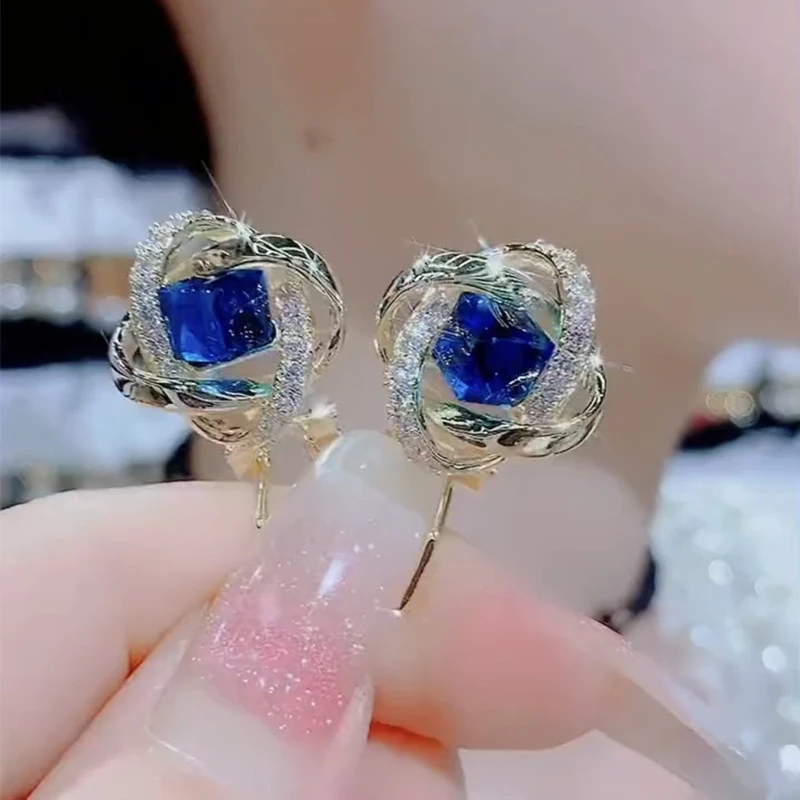 气质缠绕镶钻蓝花朵耳钉超闪设计感精致银针耳环轻奢港风耳饰