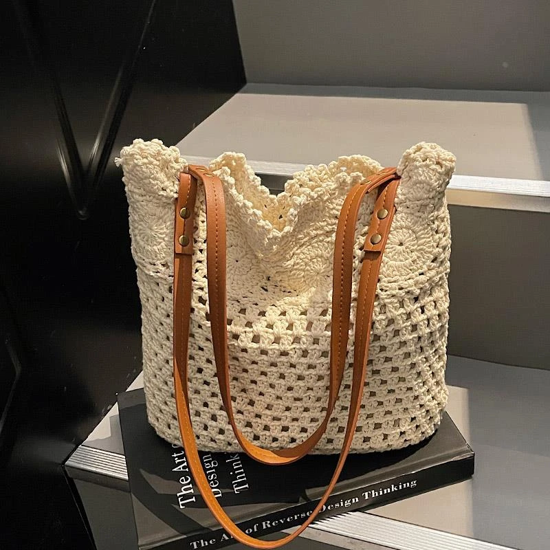 小众森系文艺复古手工编织包女2025新款棉线单肩包度假风沙滩包包