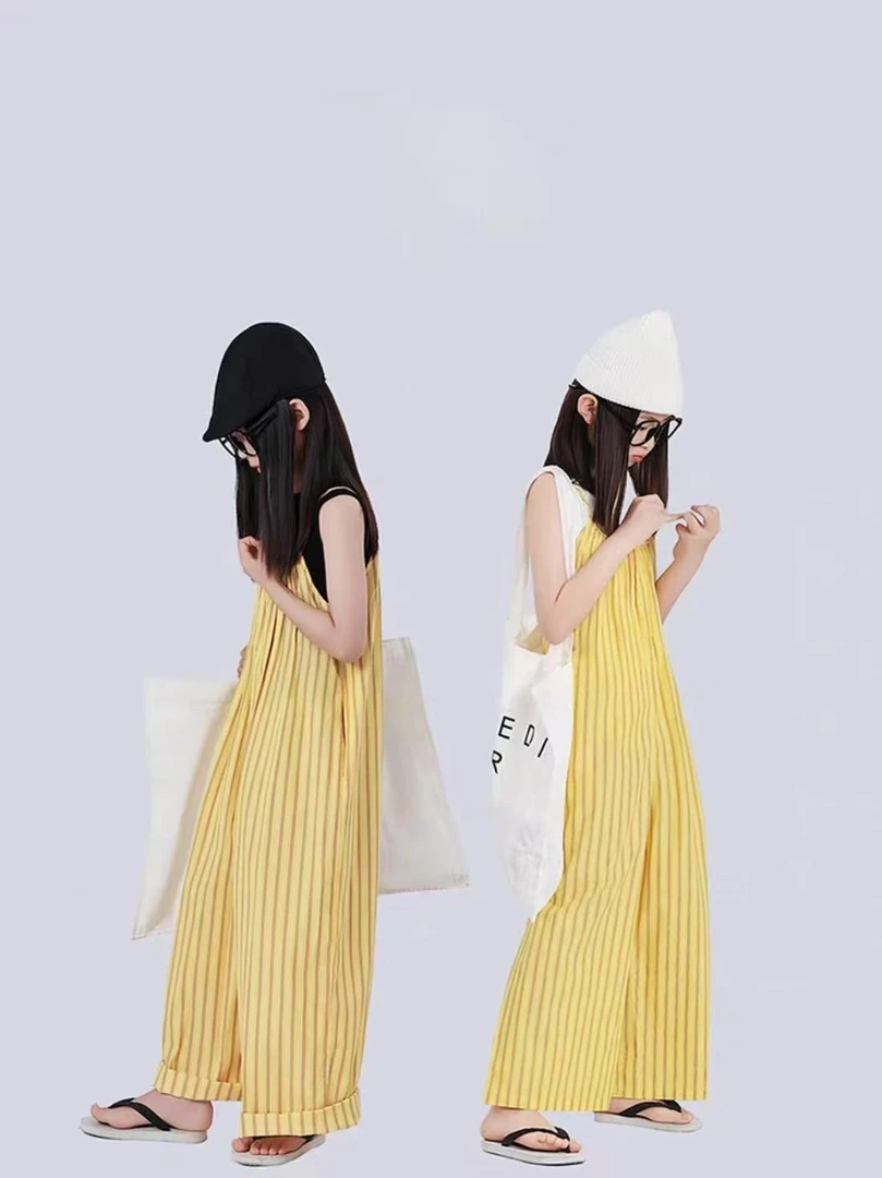 女童夏季套装爆款2025新款洋气爆款中大童高级感宽松背带阔腿裤潮