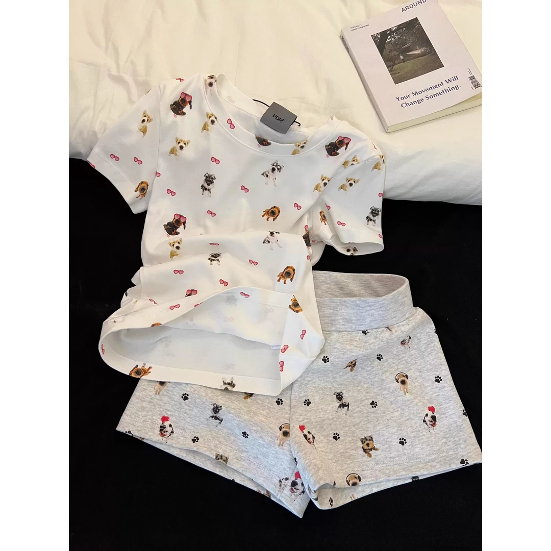 趣味小狗印花短袖睡衣女夏季新款修身显瘦T恤短裤大码家居服套装