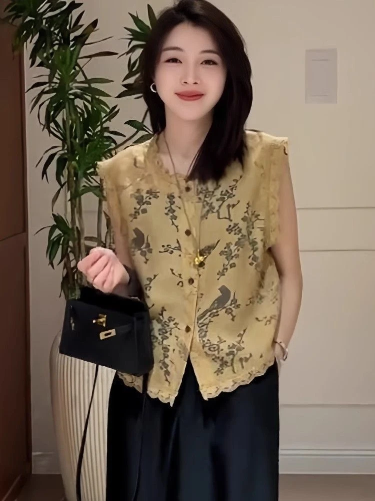 雪暖复古法式蕾丝新中式国风复古无袖马甲上衣设计感薄款坎肩上衣