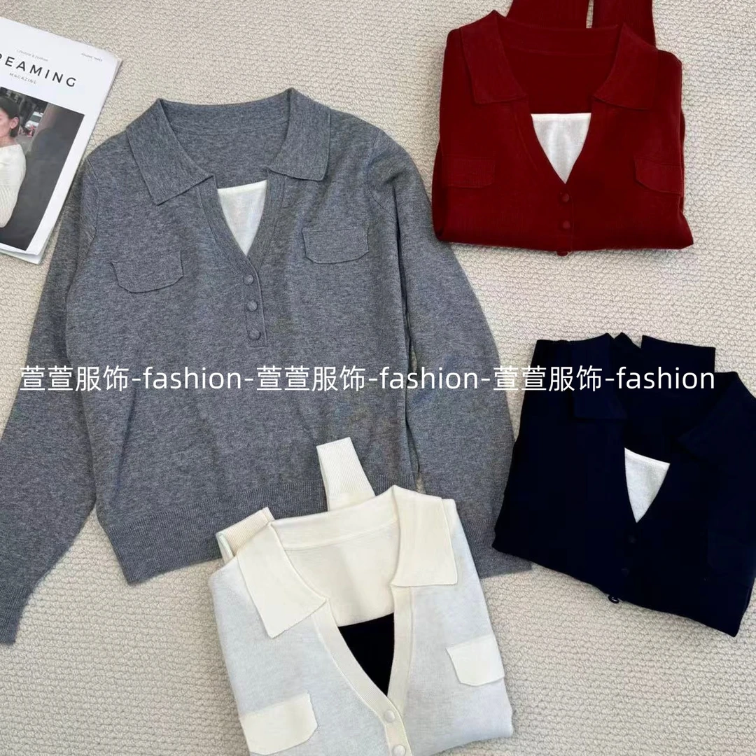 【萱萱服饰】ZZ1347秋季新款设计师款假两件休闲翻领针织套头长袖女