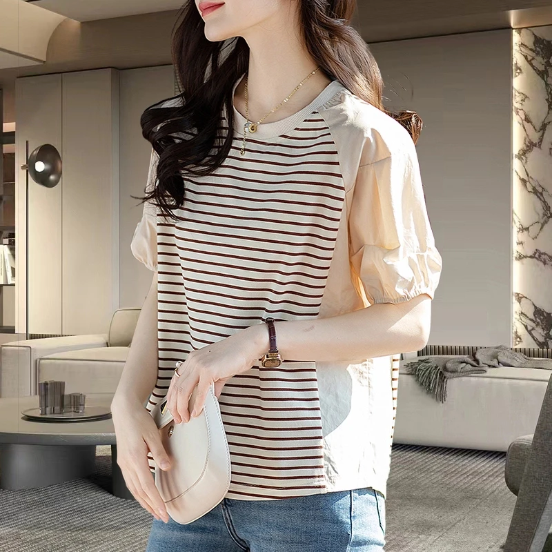 法式条纹短袖T恤女大码显瘦休闲百搭宽松遮肚子减龄新款时尚上衣
