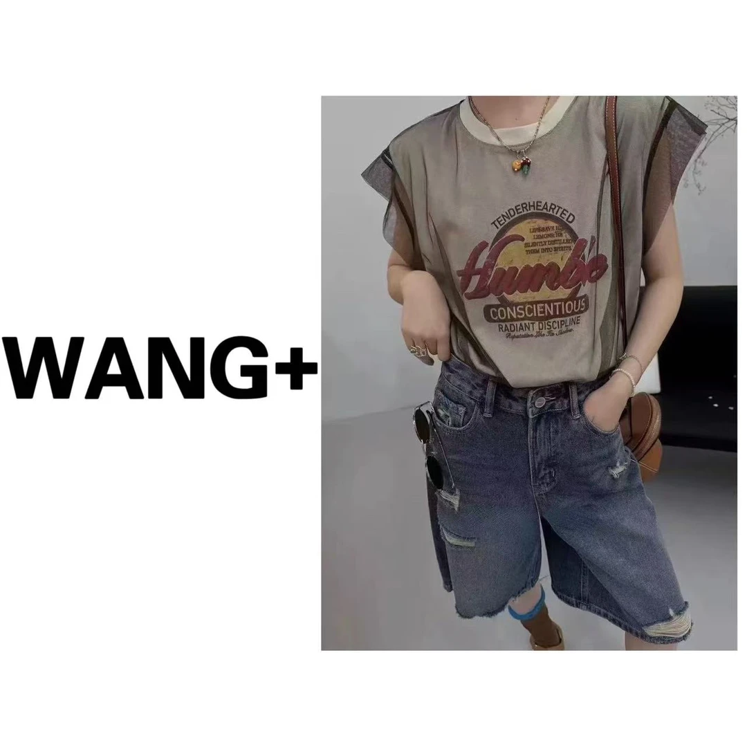 WANG+/欧货夏季时尚百搭圆领拼色网纱拼接做旧字母印花
