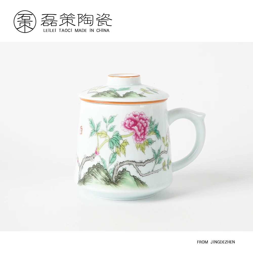 景德镇中式花鸟带盖带漏办公杯 创意陶瓷大容量家用带盖茶叶杯