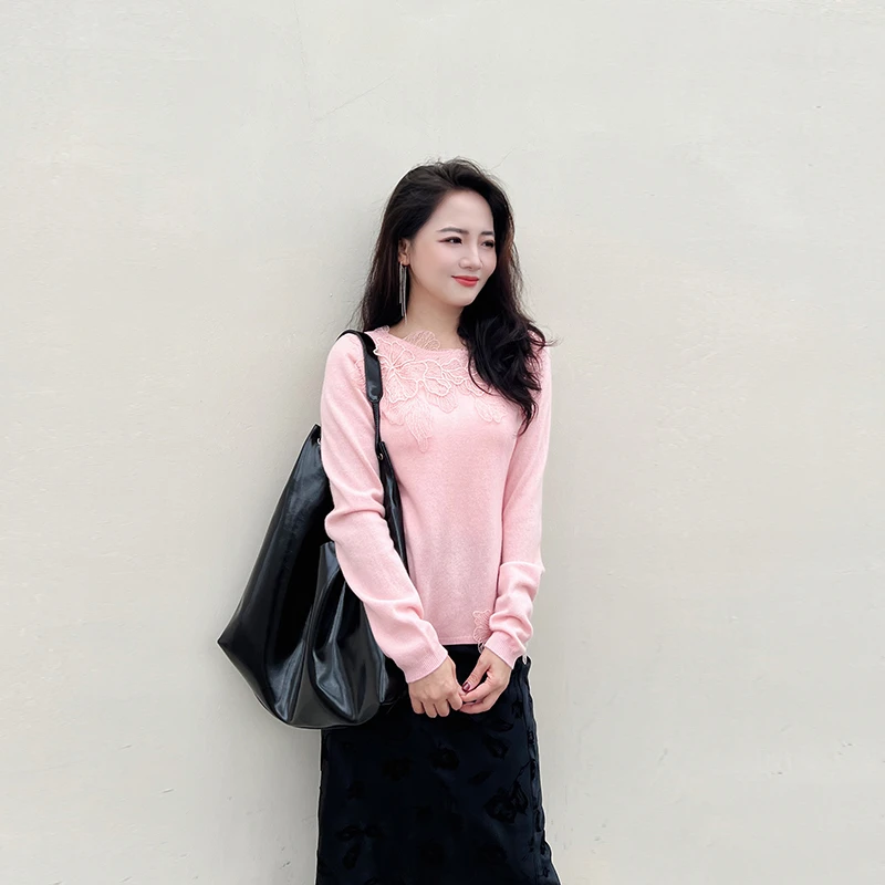 法式浪漫软糯洋气蕾丝花边毛衣套头圆领羊毛针织衫