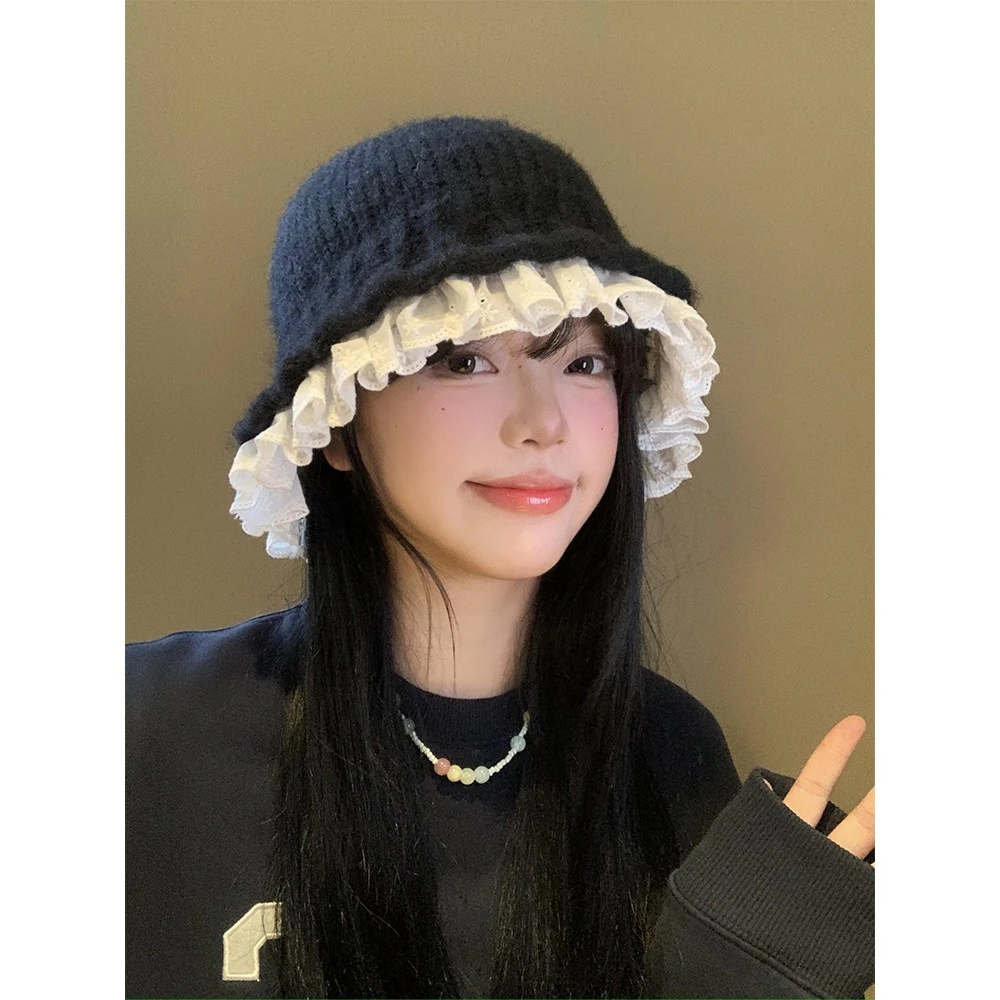 蕾丝花边黑色针织渔夫帽女秋冬季韩系显脸小毛线帽大头围毛绒帽子