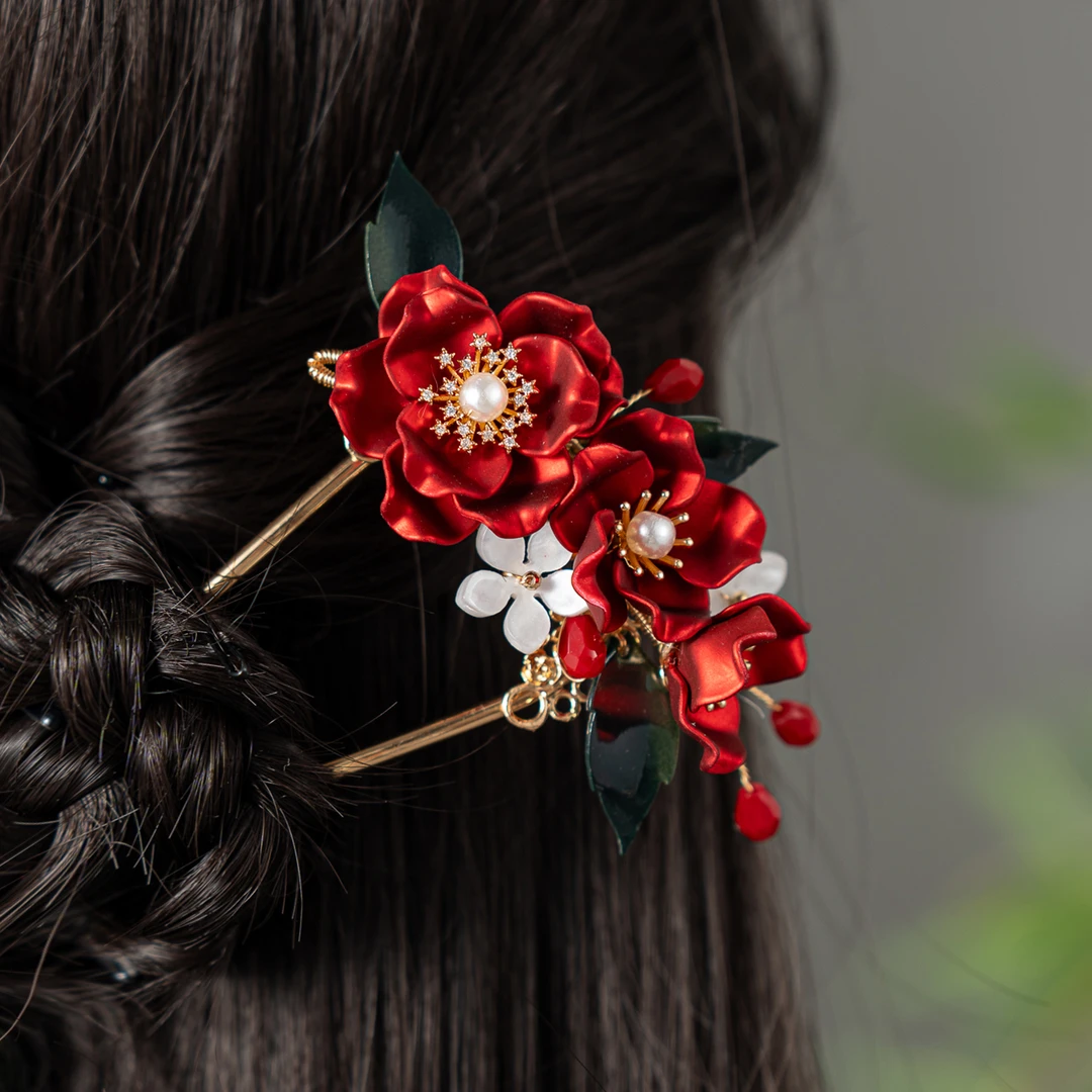 新娘头饰绿叶红牡丹盘发钗气质复古大气新娘礼服旗袍丸子头配饰