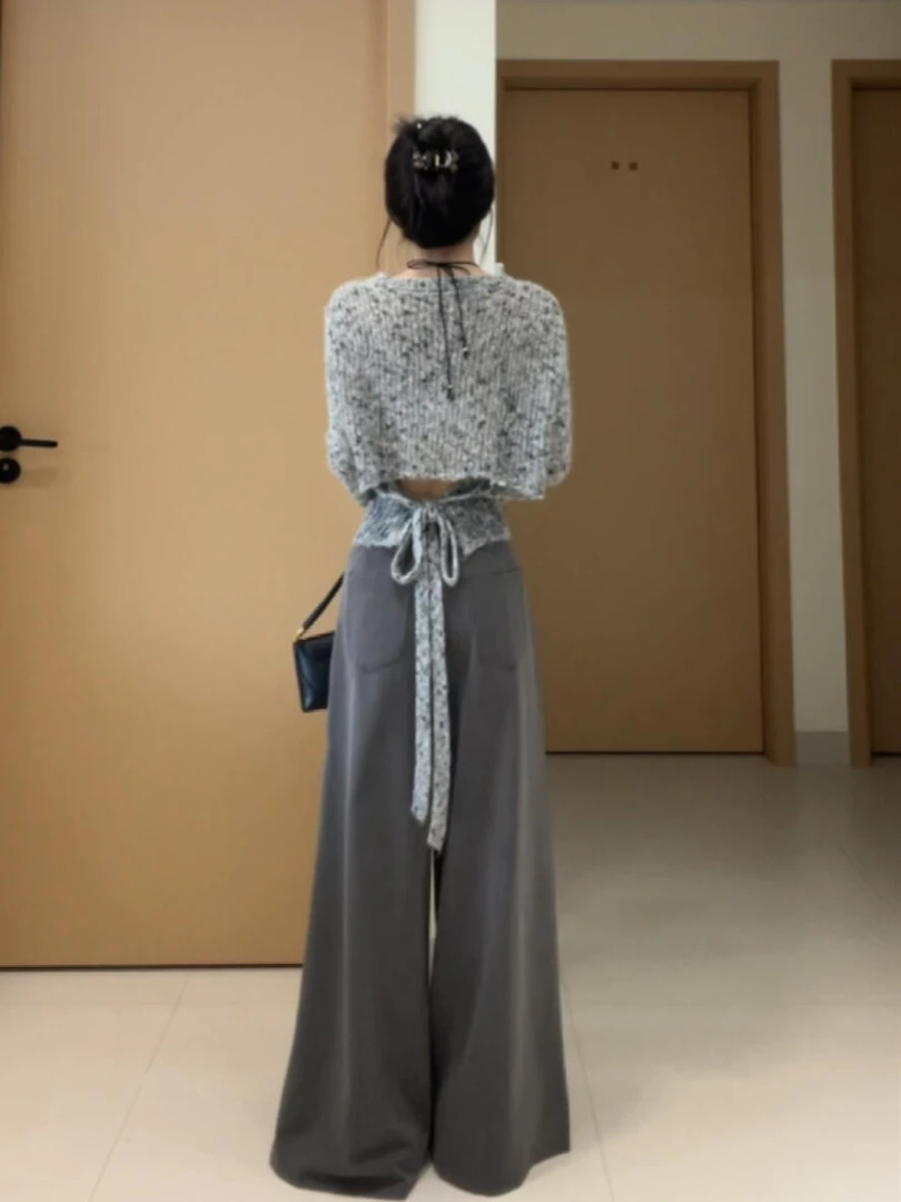 2025秋季新款韩系轻熟风绑带收腰镂空罩衫上衣女阔腿休闲裤两件套