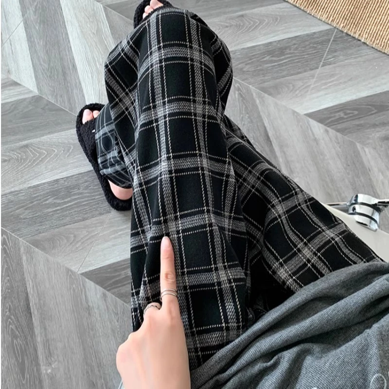 韩版慵懒风复古磨绒黑白格子裤女春秋松紧腰直筒宽松显瘦休闲裤子