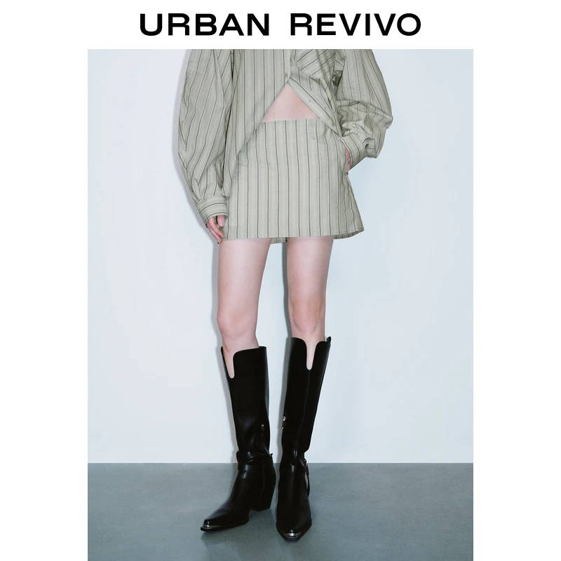 UR2025春季新款女装欧若风高智感气质条纹超短款半裙UWJ550012