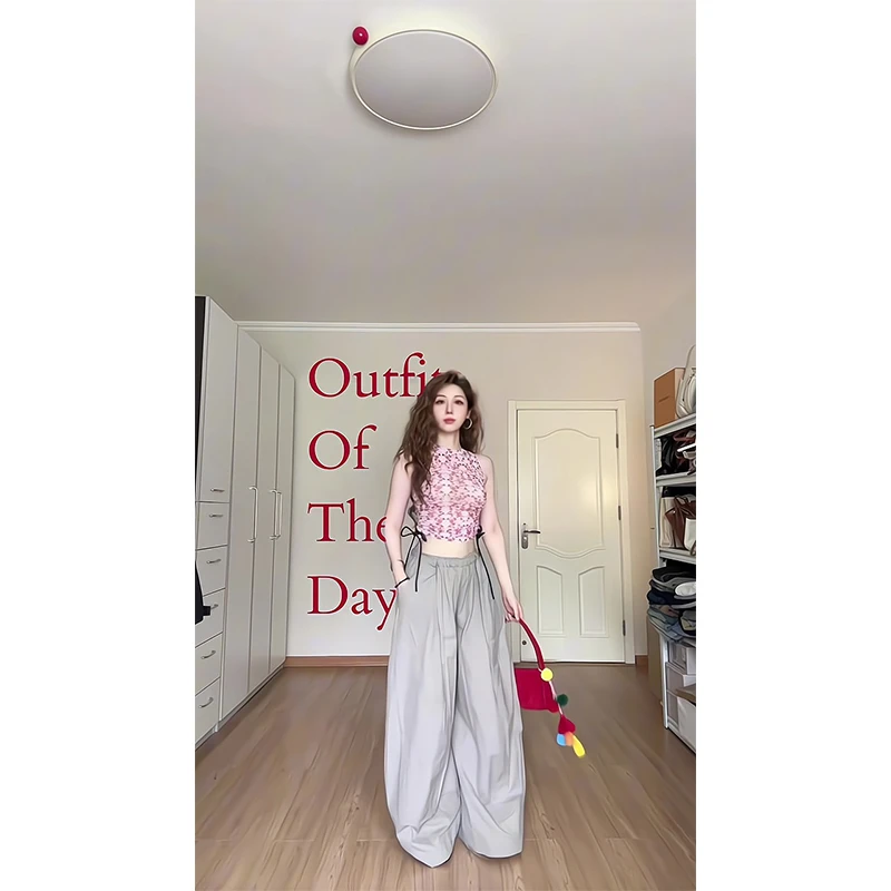 2025新款女士夏季纯欲港风碎花修身显瘦背心上衣高腰宽松阔腿裤