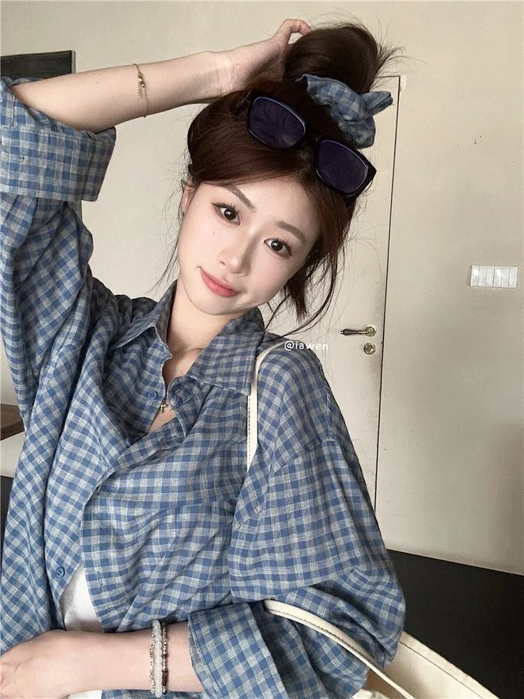 格子衬衫外套女秋季2025新款甜美宽松衬衣长袖休闲百搭复古上衣潮