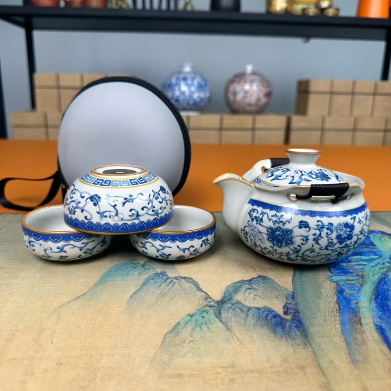 青花旅行茶具汝窑套装国风商务盖碗茶杯高端露营一壶两杯德化9-06