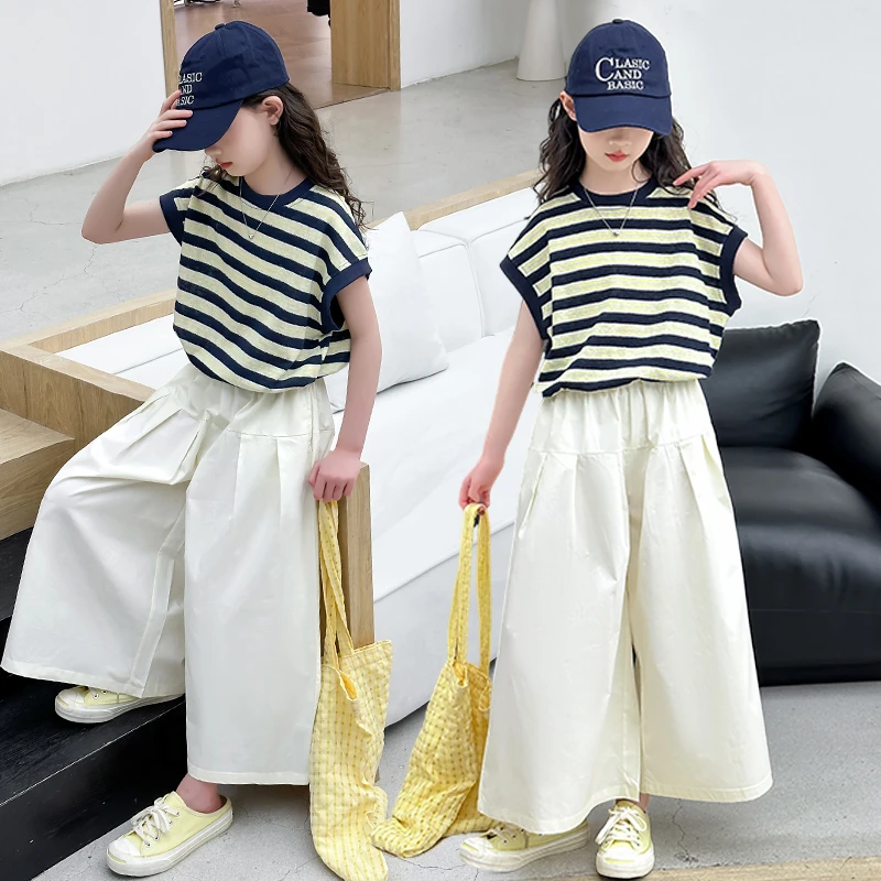 女童条纹休闲风夏季套装2025新款儿童中大童夏装上衣阔腿休闲套装