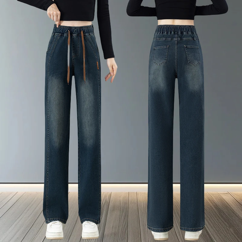 阔腿牛仔裤女款爆款2025新款高腰弹力显瘦窄版直筒高级感松紧腰裤