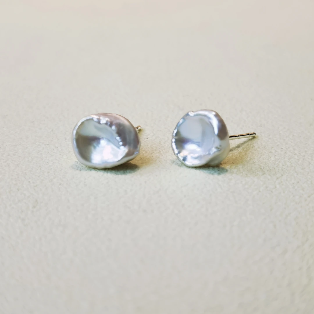 清沧 天然淡水真珍珠 925银针 巴洛克再生花瓣耳钉 5008