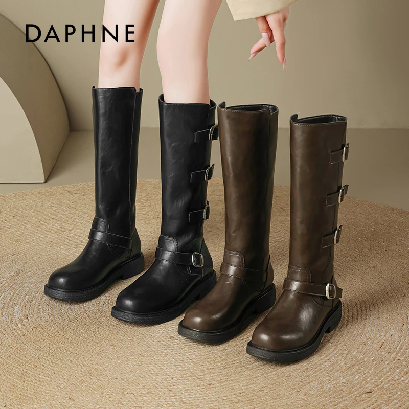 达芙妮厚底长筒靴女款2025新款胖mm腿粗长靴棕色美拉德靴子骑士靴