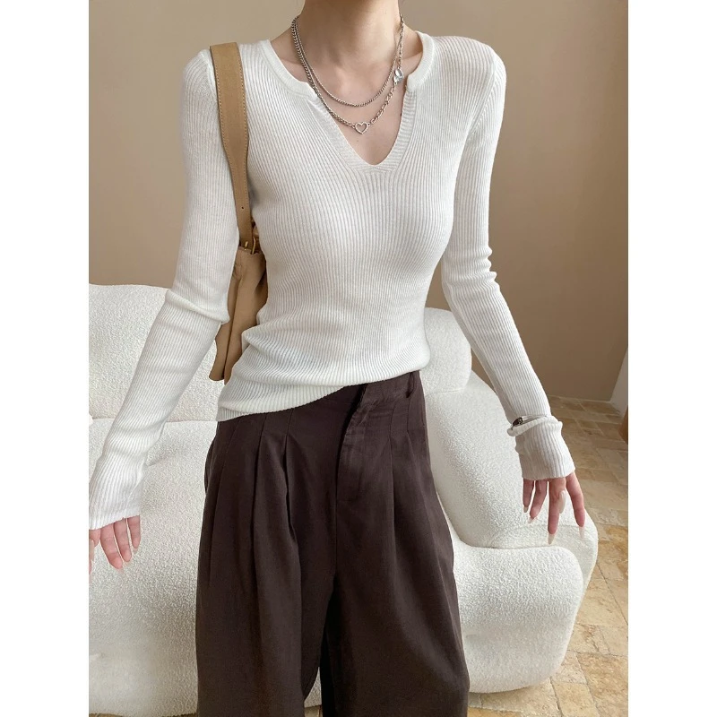 纸片人穿搭设计感V领修身正肩显瘦打底长袖针织衫上衣百搭时尚