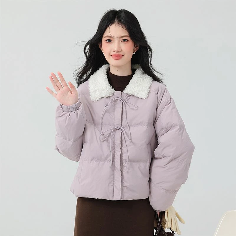 小清新紫色蝴蝶结设计棉服新款保暖上衣