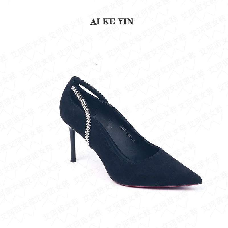 【艾珂茵】春夏季新款尖头气质百搭绒面细跟镂空镶钻高跟鞋性感