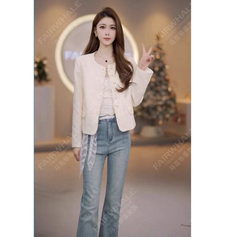 马克华菲女装春季新品珍珠钉扣小香风短款时尚法式休闲外套设计感