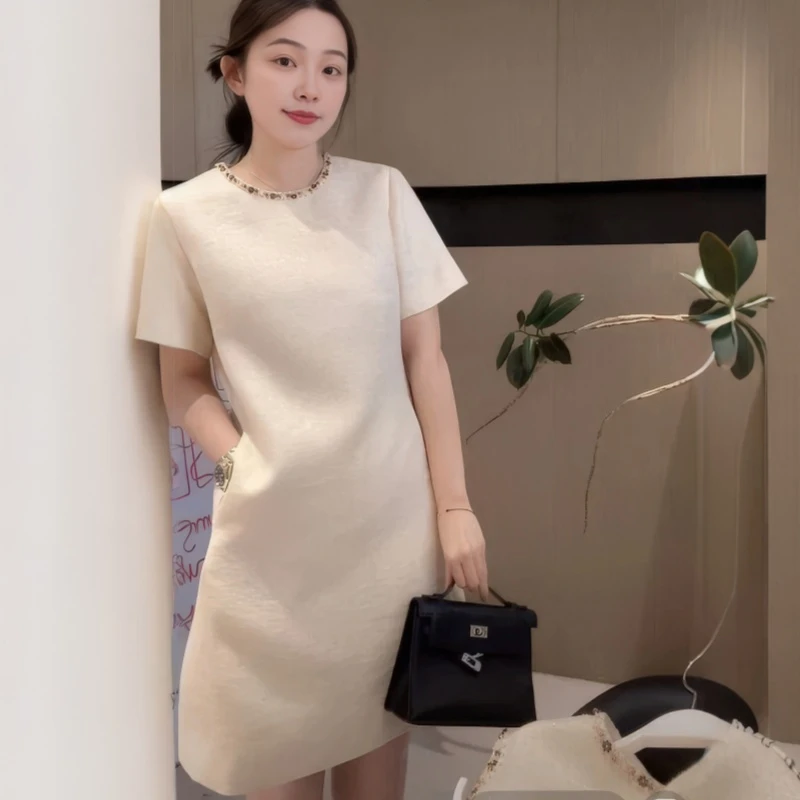 小香风气质钉珠短袖连衣裙女2025夏季大码胖MM高级感显瘦背心裙潮