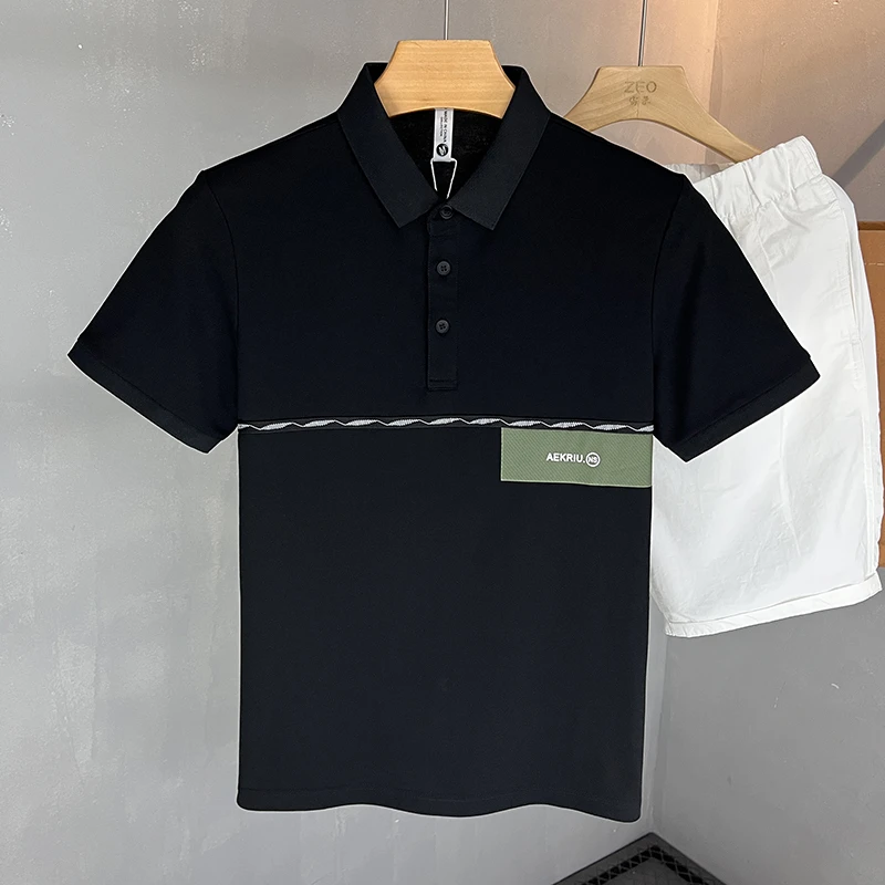 吉伦略索色块男夏季短袖透气拼色Polo衫男装翻领时尚修身休闲上衣