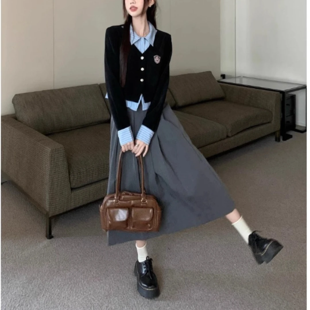 学院风套装女假两件POLO领长袖衬衫上衣秋季高腰百褶半身裙两件套