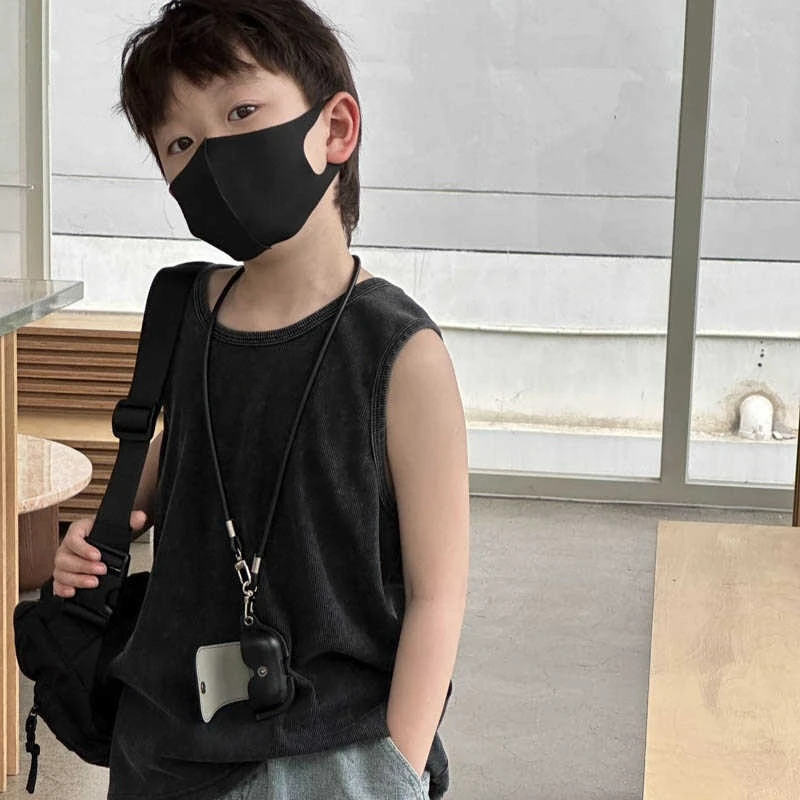 男童背心街舞复古水洗纯棉宽松潮酷外穿无袖T恤儿童运动上衣坎肩