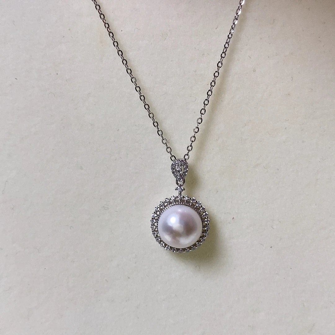 银S925镶嵌淡水珍珠项链10mm微瑕