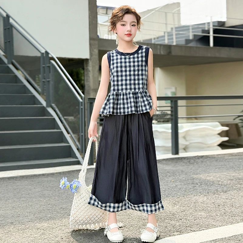 女童格子休闲韩版夏季薄款套装2025新款儿童夏装无袖气质上衣洋气