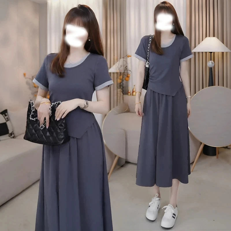 韩系时尚气质假两件圆领收腰连衣裙女士夏季新款简约日常通勤裙子