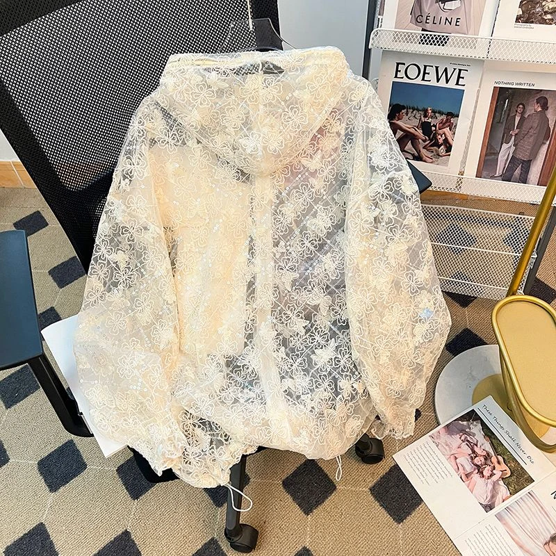 夏季长袖遮阳蕾丝外套女韩版大码薄款宽松休闲时尚镂空百搭防晒服