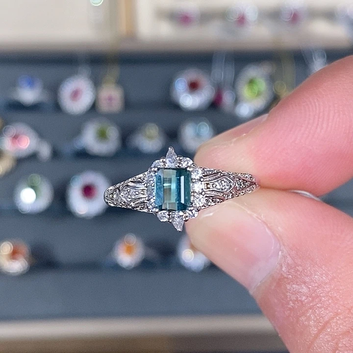 蓝色碧玺戒指银S925镶嵌