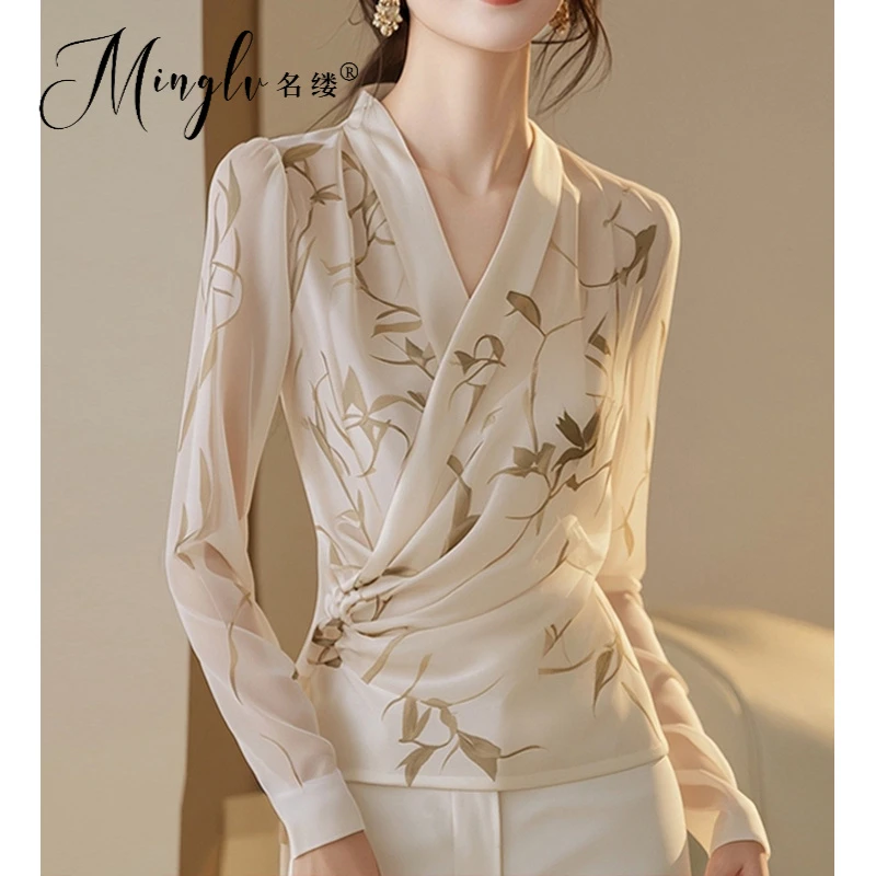 法式优雅精致绝美印花V领长袖衬衫女2025秋季款独特洋气复古风小