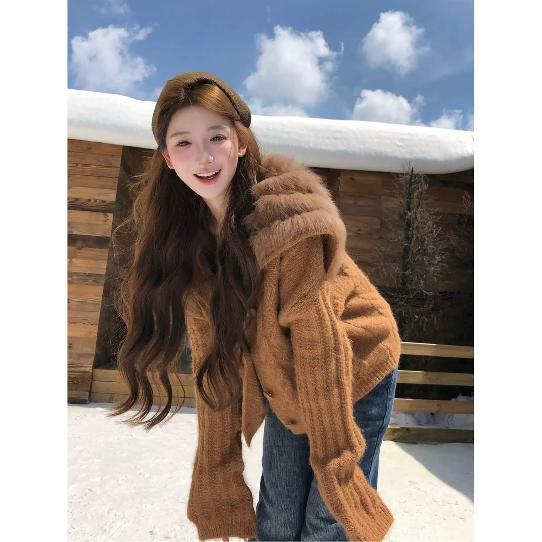 美拉德穿搭大翻毛领毛衣外套女秋冬季加厚保暖慵懒风针织开衫上衣