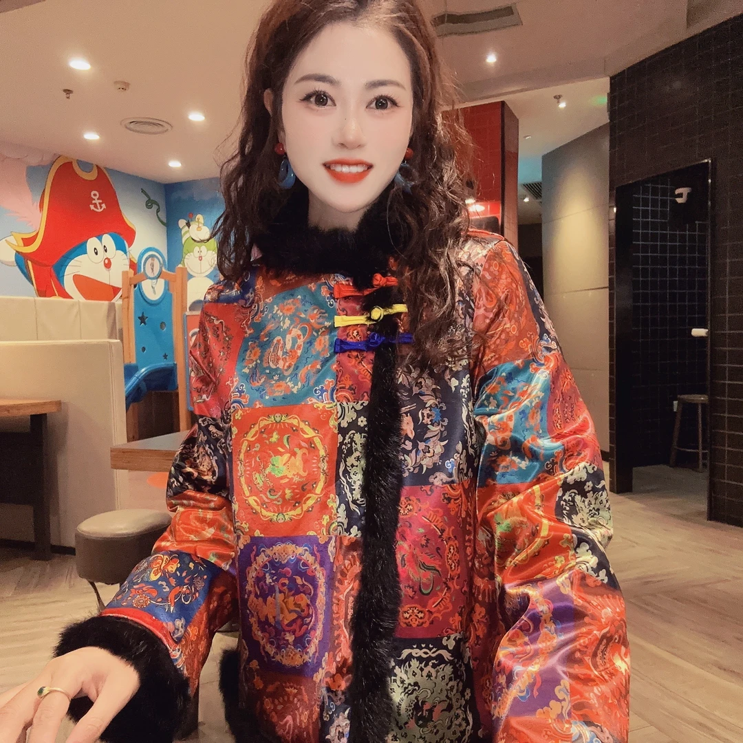 【团圆】新中式气质复古斜襟三粒扣拼接兔毛加棉冬款气质国风上衣XM