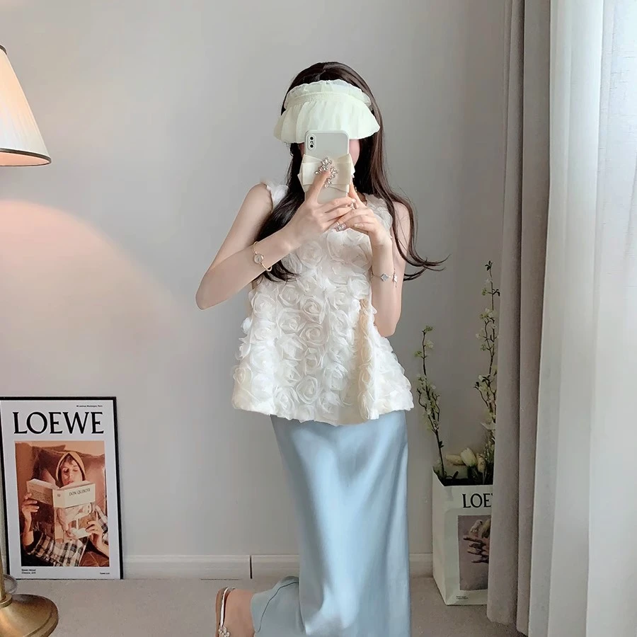 重工立体玫瑰花朵圆领无袖背心马甲夏季设计感百搭短款衬衫上衣
